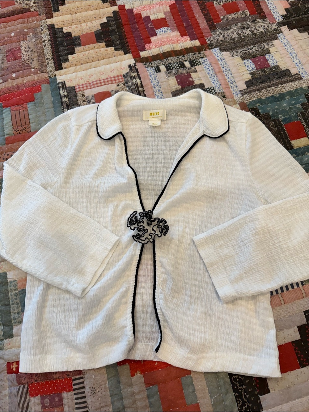 Anthropologie Maeve White Open-Front Cardigan with Black Trim